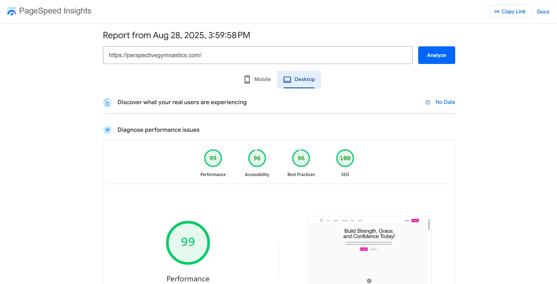 Lighthouse audit — Performance and SEO scores for a production build
